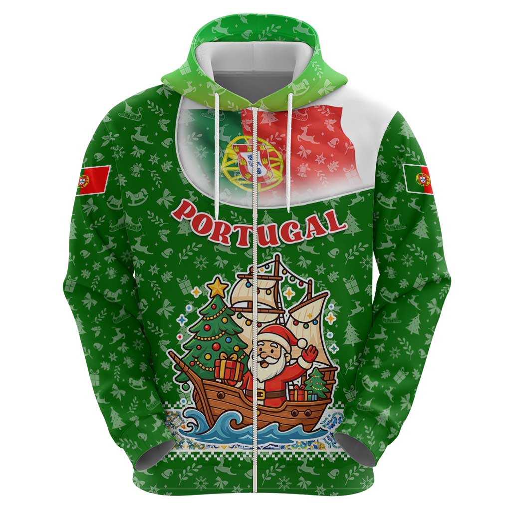 Portugal Christmas Hoodie with Green Red Santa Ship Tree and Coat of Arms - Wonder Print Shop