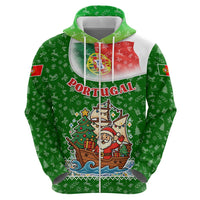 Portugal Christmas Hoodie with Green Red Santa Ship Tree and Coat of Arms - Wonder Print Shop