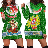 Portugal Christmas Hoodie Dress with Green Red Santa Ship Tree and Coat of Arms - Wonder Print Shop