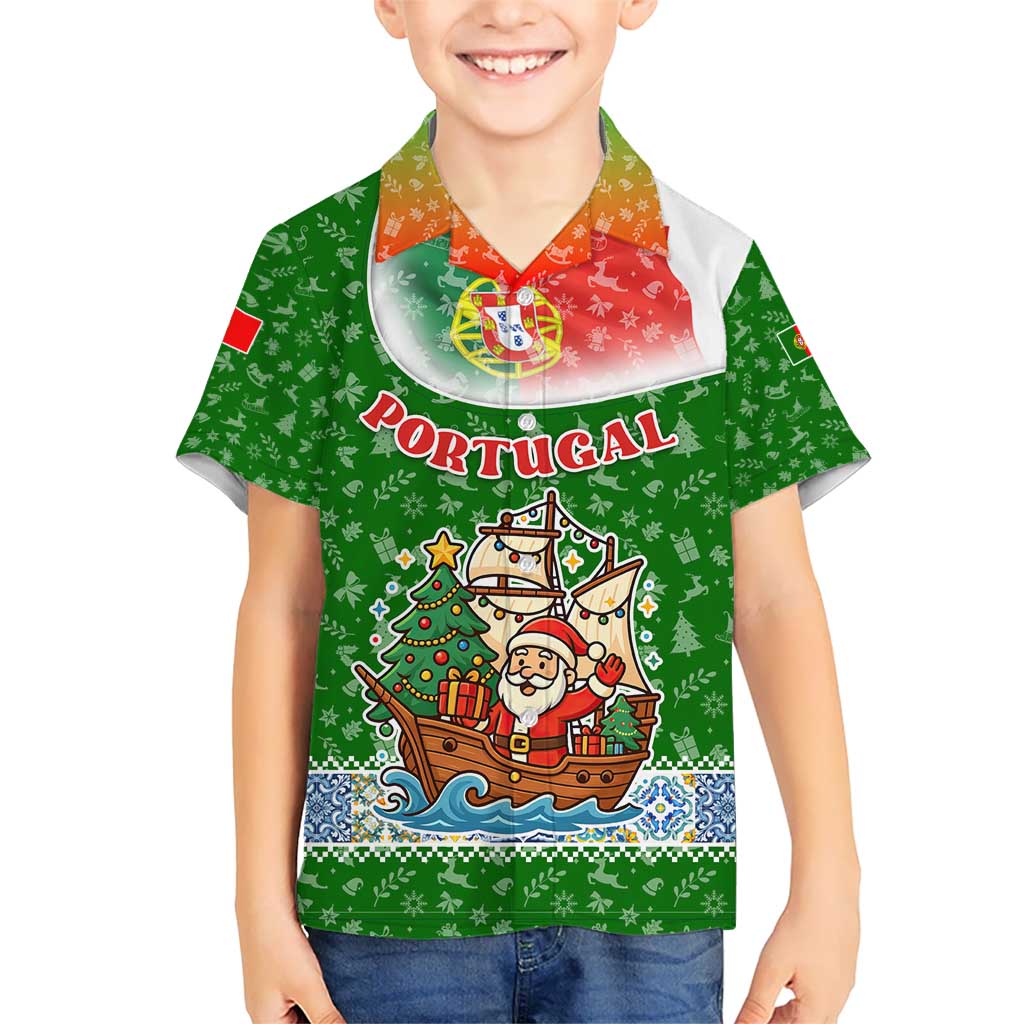 Portugal Christmas Kid Hawaiian Shirt with Green Red Santa Ship Tree and Coat of Arms - Wonder Print Shop