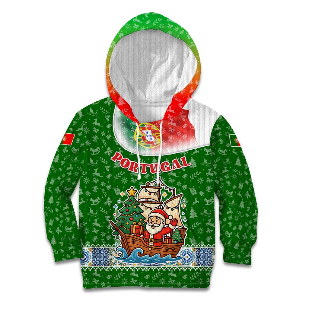 Portugal Christmas Kid Hoodie with Green Red Santa Ship Tree and Coat of Arms - Wonder Print Shop