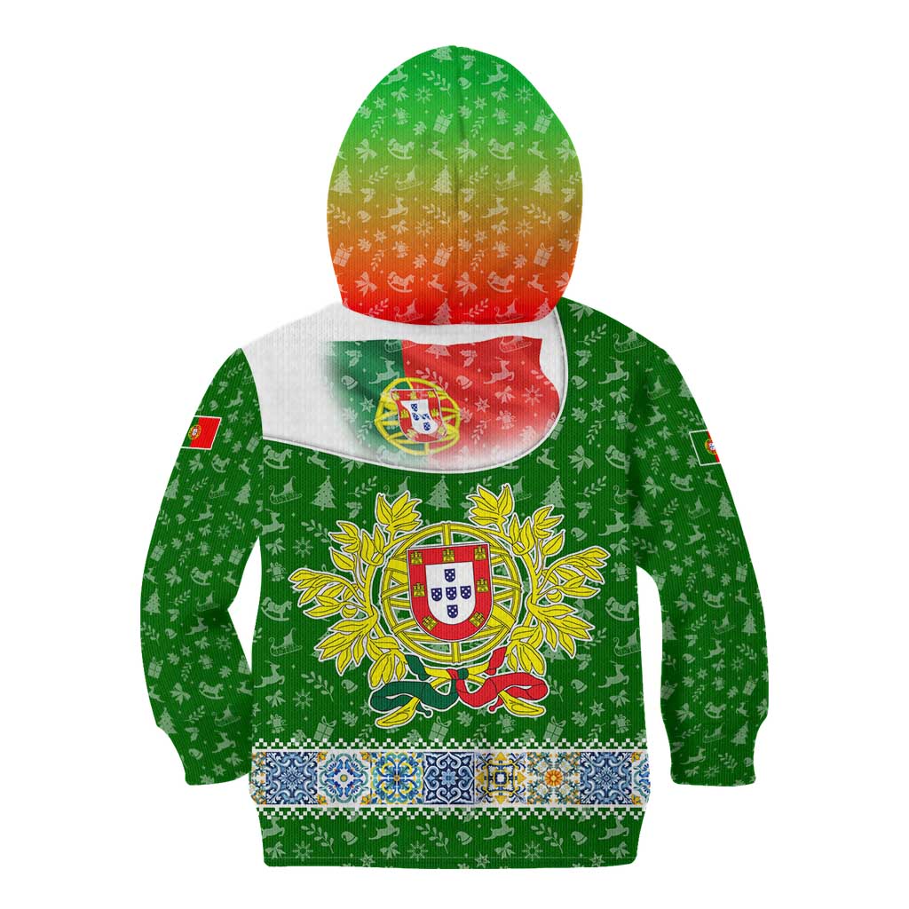 Portugal Christmas Kid Hoodie with Green Red Santa Ship Tree and Coat of Arms - Wonder Print Shop