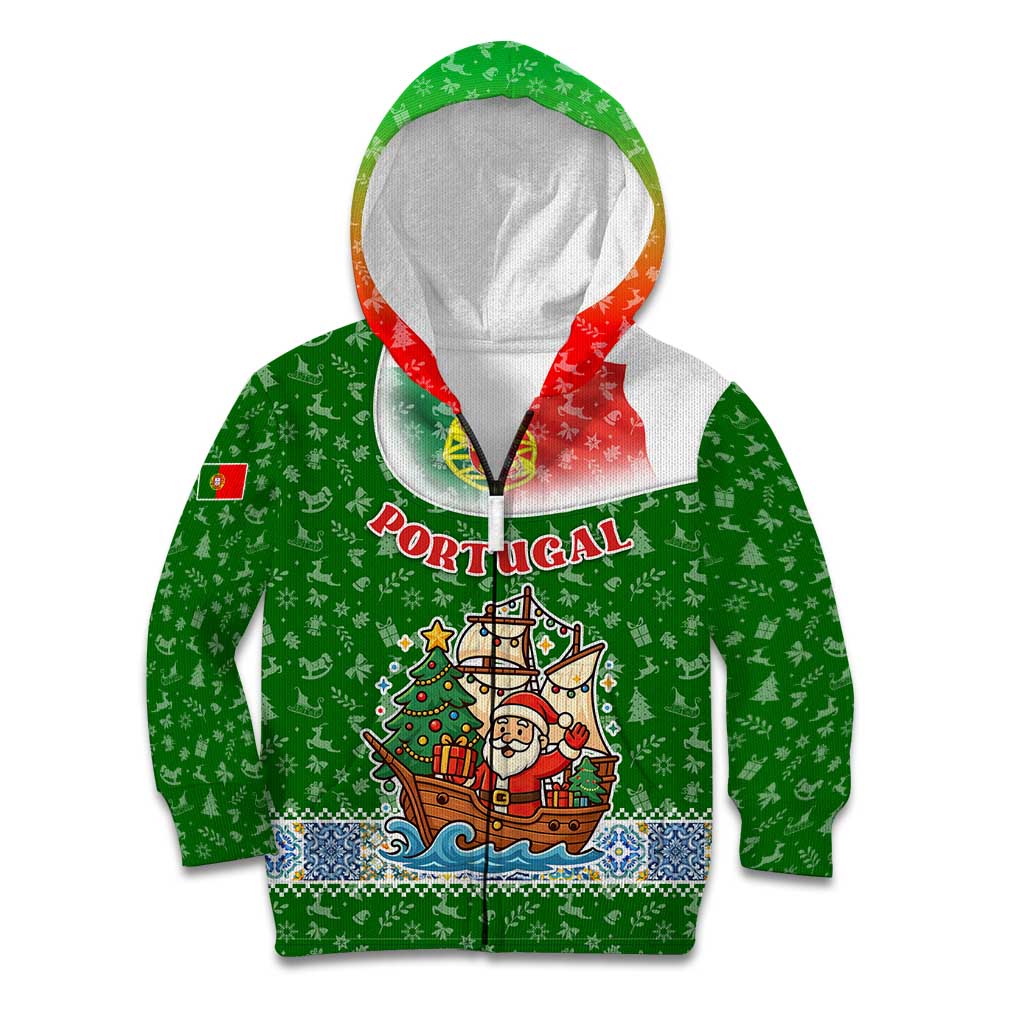 Portugal Christmas Kid Hoodie with Green Red Santa Ship Tree and Coat of Arms - Wonder Print Shop