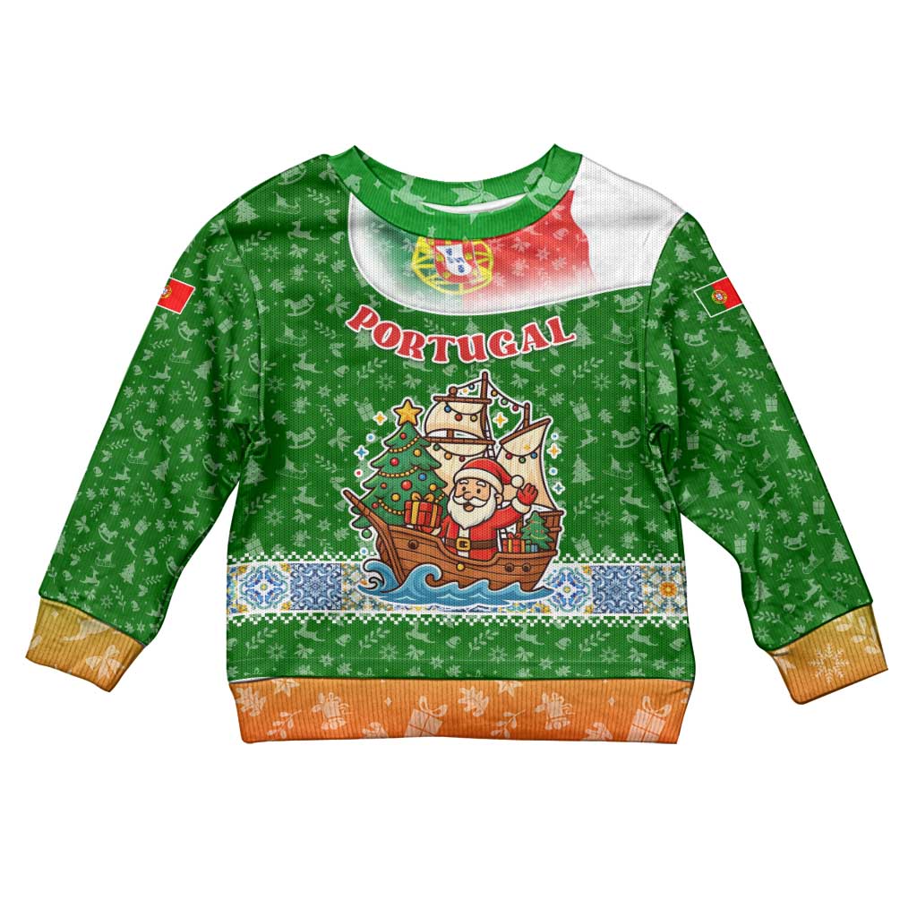 Portugal Christmas Kid Ugly Christmas Sweater with Green Red Santa Ship Tree and Coat of Arms - Wonder Print Shop