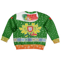 Portugal Christmas Kid Ugly Christmas Sweater with Green Red Santa Ship Tree and Coat of Arms - Wonder Print Shop