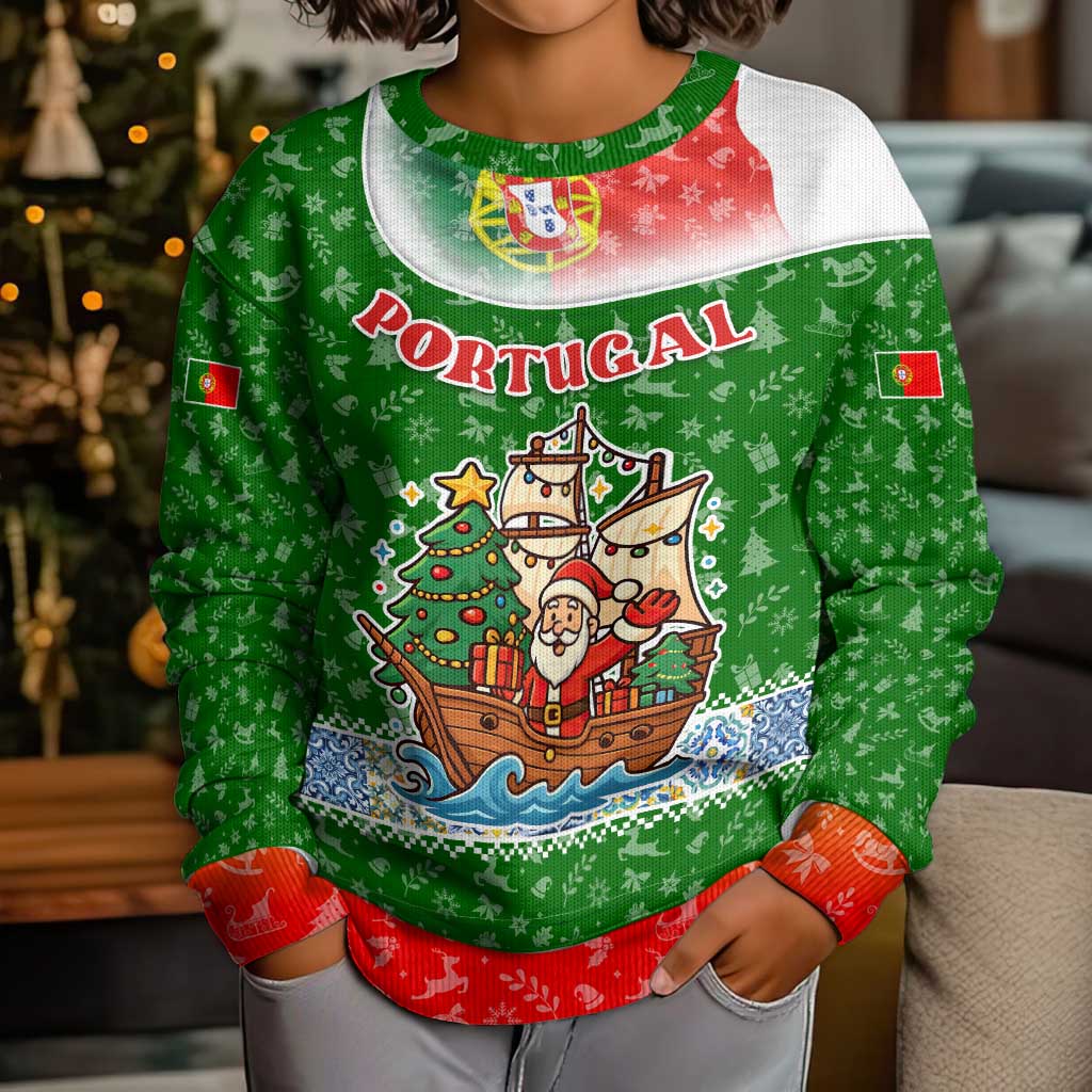 Portugal Christmas Kid Ugly Christmas Sweater with Green Red Santa Ship Tree and Coat of Arms - Wonder Print Shop
