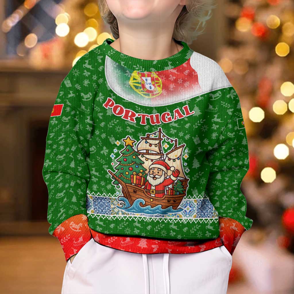 Portugal Christmas Kid Ugly Christmas Sweater with Green Red Santa Ship Tree and Coat of Arms - Wonder Print Shop