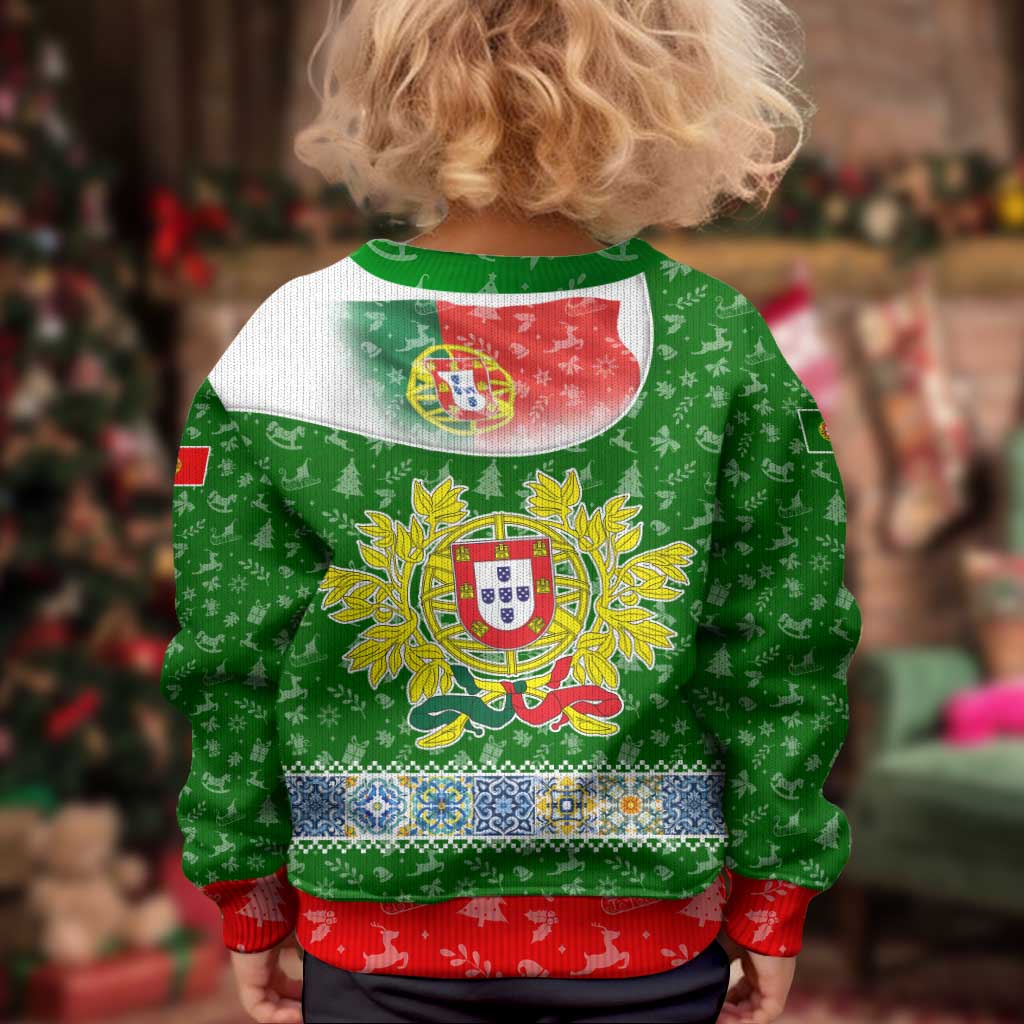 Portugal Christmas Kid Ugly Christmas Sweater with Green Red Santa Ship Tree and Coat of Arms - Wonder Print Shop
