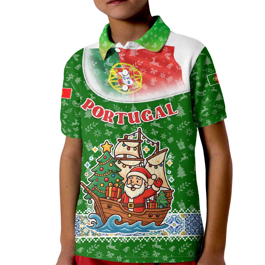Portugal Christmas Kid Polo Shirt with Green Red Santa Ship Tree and Coat of Arms - Wonder Print Shop