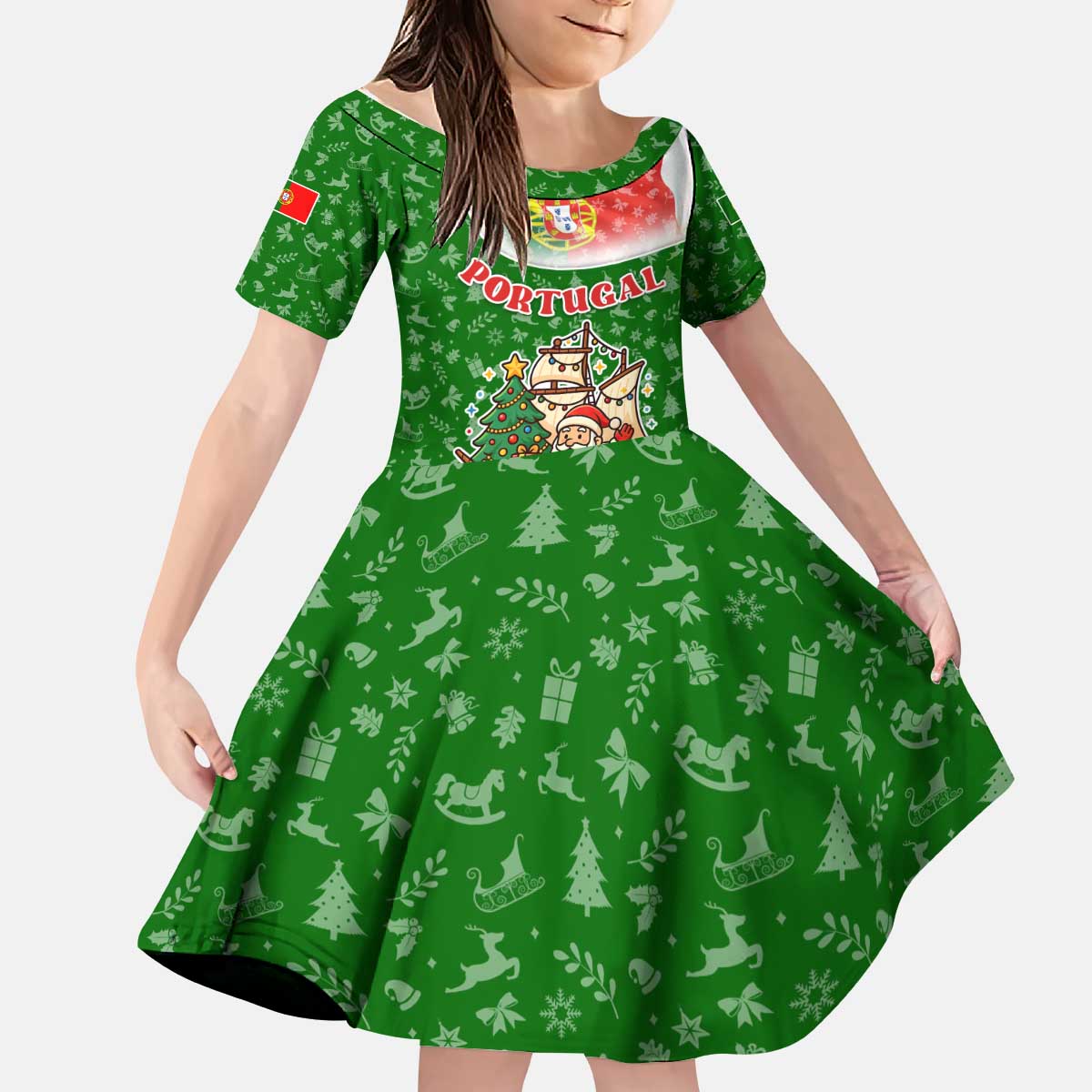 Portugal Christmas Kid Short Sleeve Dress with Green Red Santa Ship Tree and Coat of Arms - Wonder Print Shop