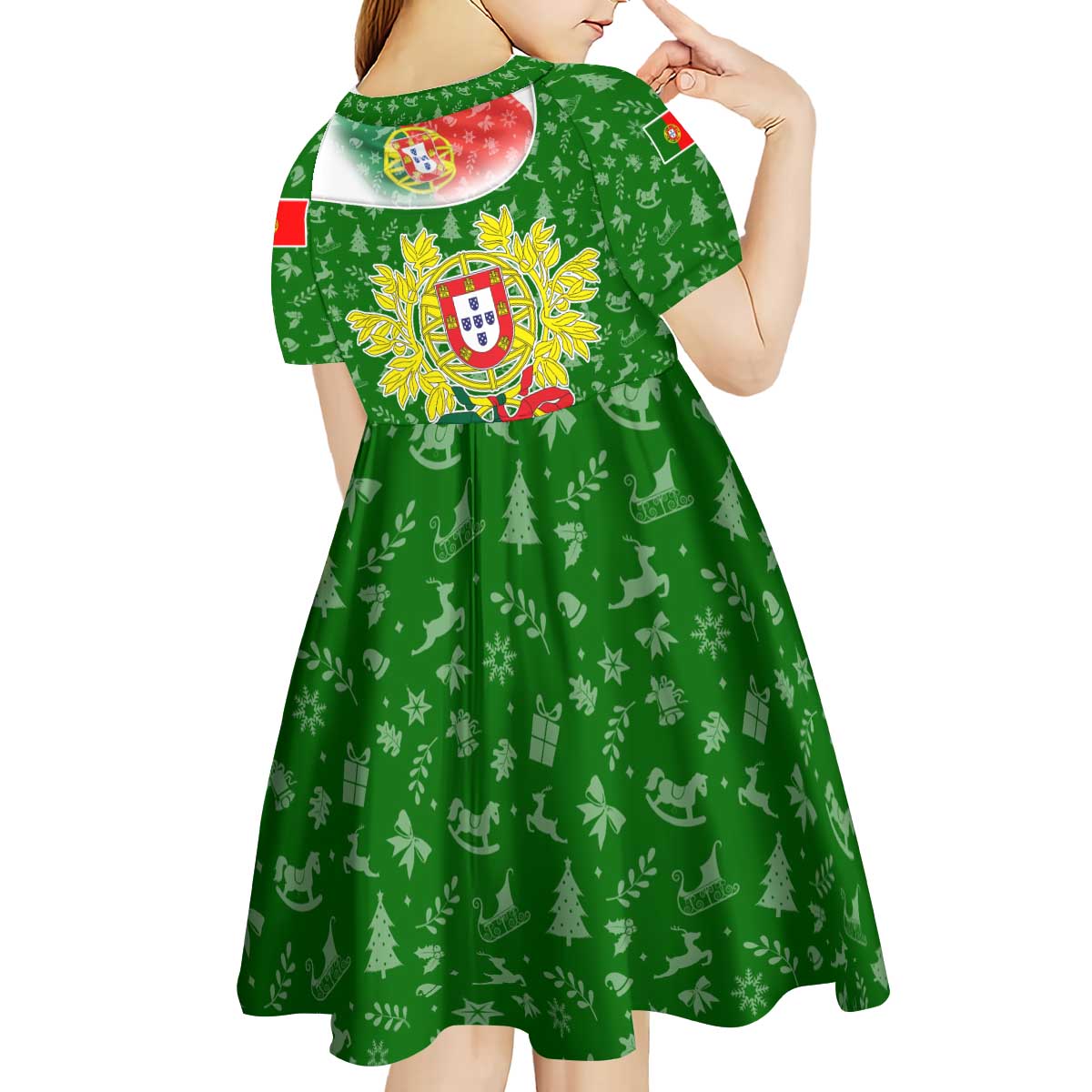 Portugal Christmas Kid Short Sleeve Dress with Green Red Santa Ship Tree and Coat of Arms - Wonder Print Shop