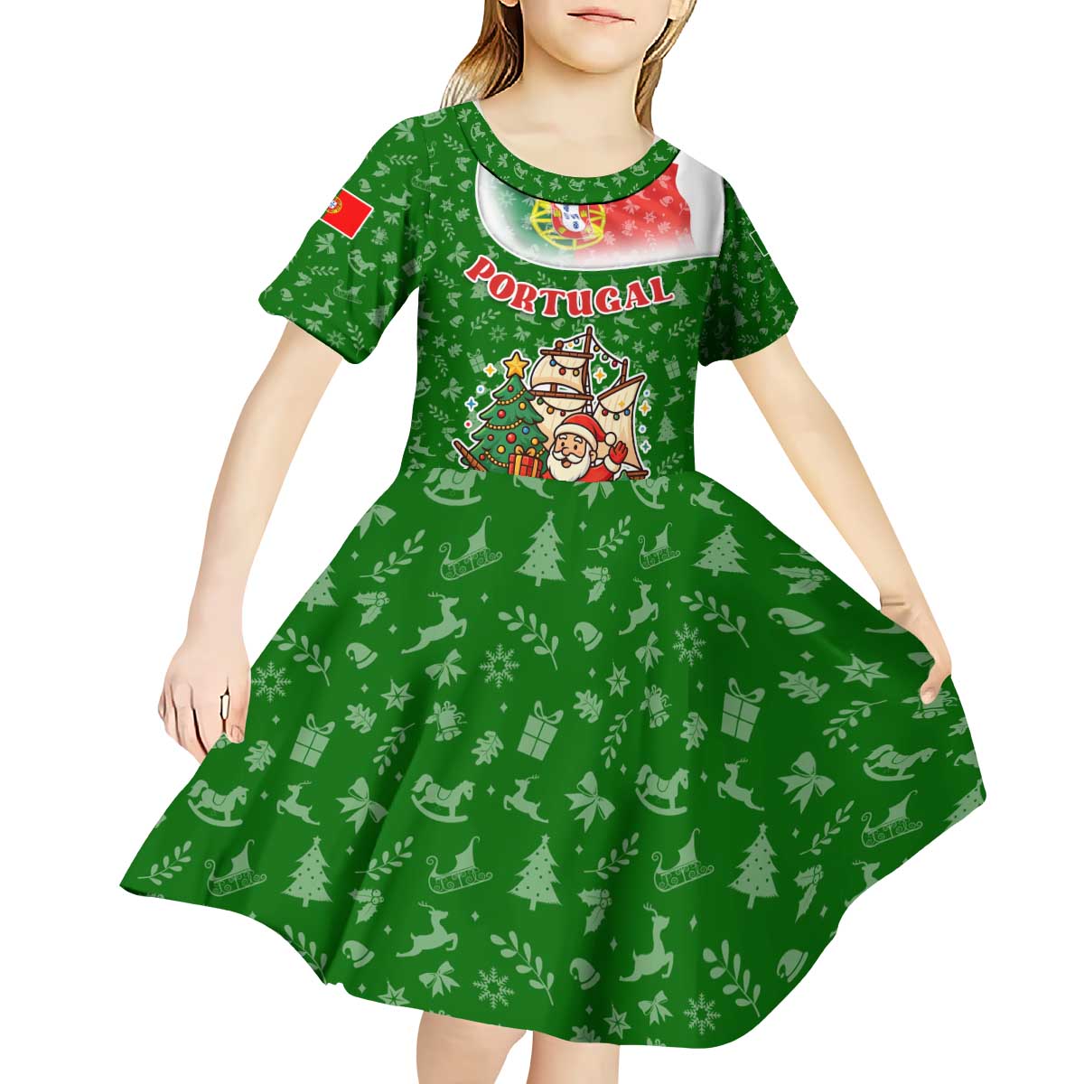 Portugal Christmas Kid Short Sleeve Dress with Green Red Santa Ship Tree and Coat of Arms - Wonder Print Shop