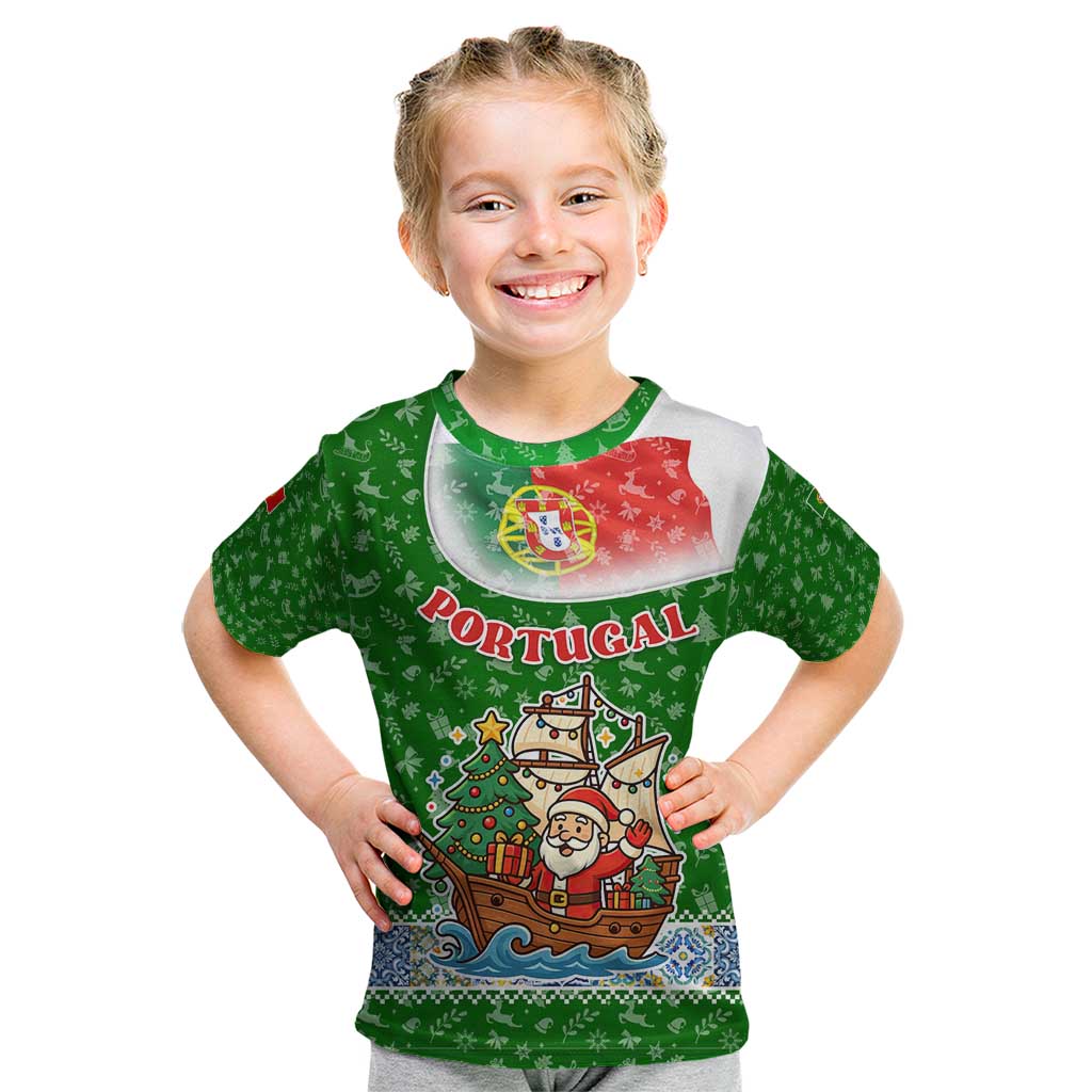 Portugal Christmas Kid T Shirt with Green Red Santa Ship Tree and Coat of Arms - Wonder Print Shop