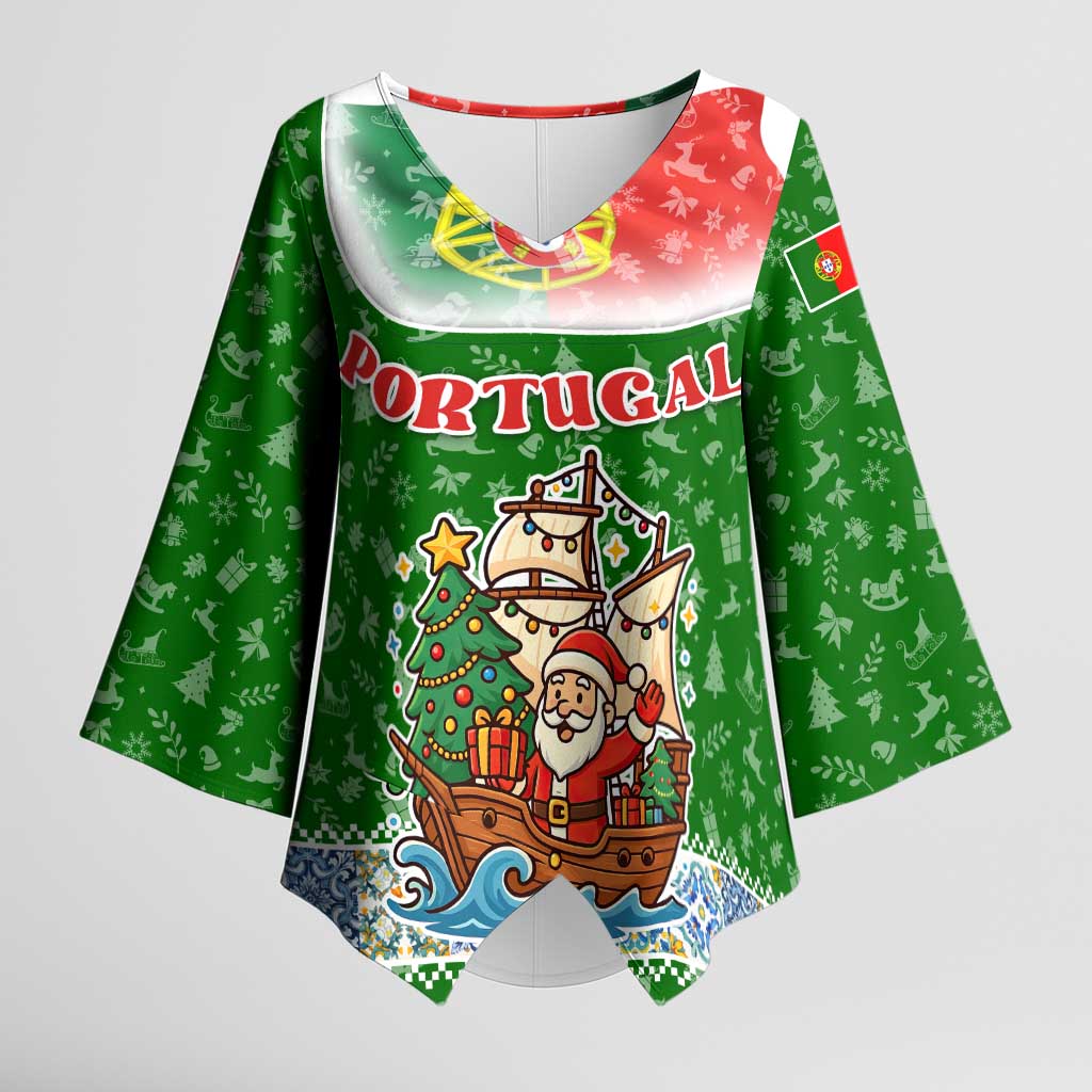 Portugal Christmas Kimono Sleeve Blouse with Green Red Santa Ship Tree and Coat of Arms - Wonder Print Shop