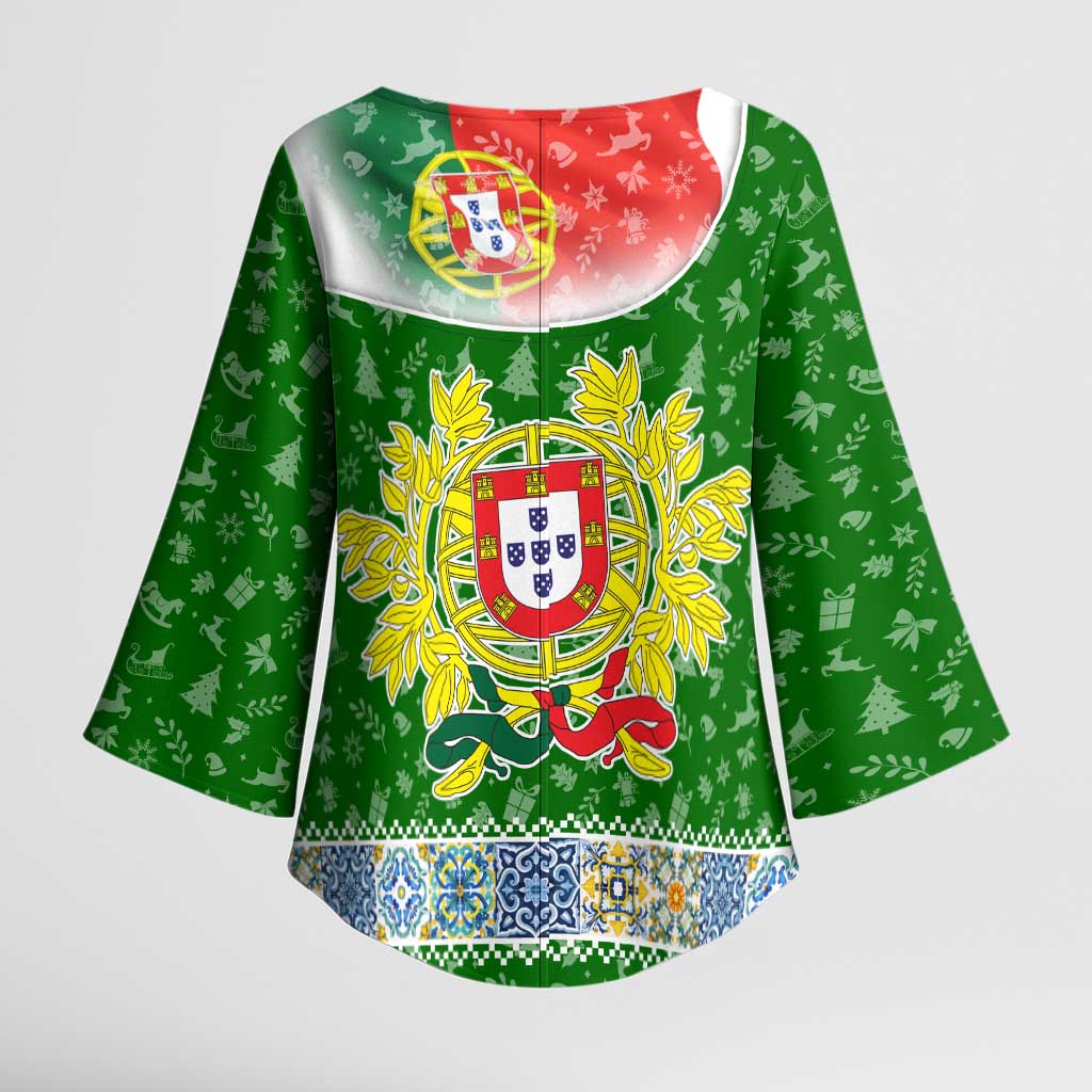 Portugal Christmas Kimono Sleeve Blouse with Green Red Santa Ship Tree and Coat of Arms - Wonder Print Shop