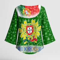 Portugal Christmas Kimono Sleeve Blouse with Green Red Santa Ship Tree and Coat of Arms - Wonder Print Shop