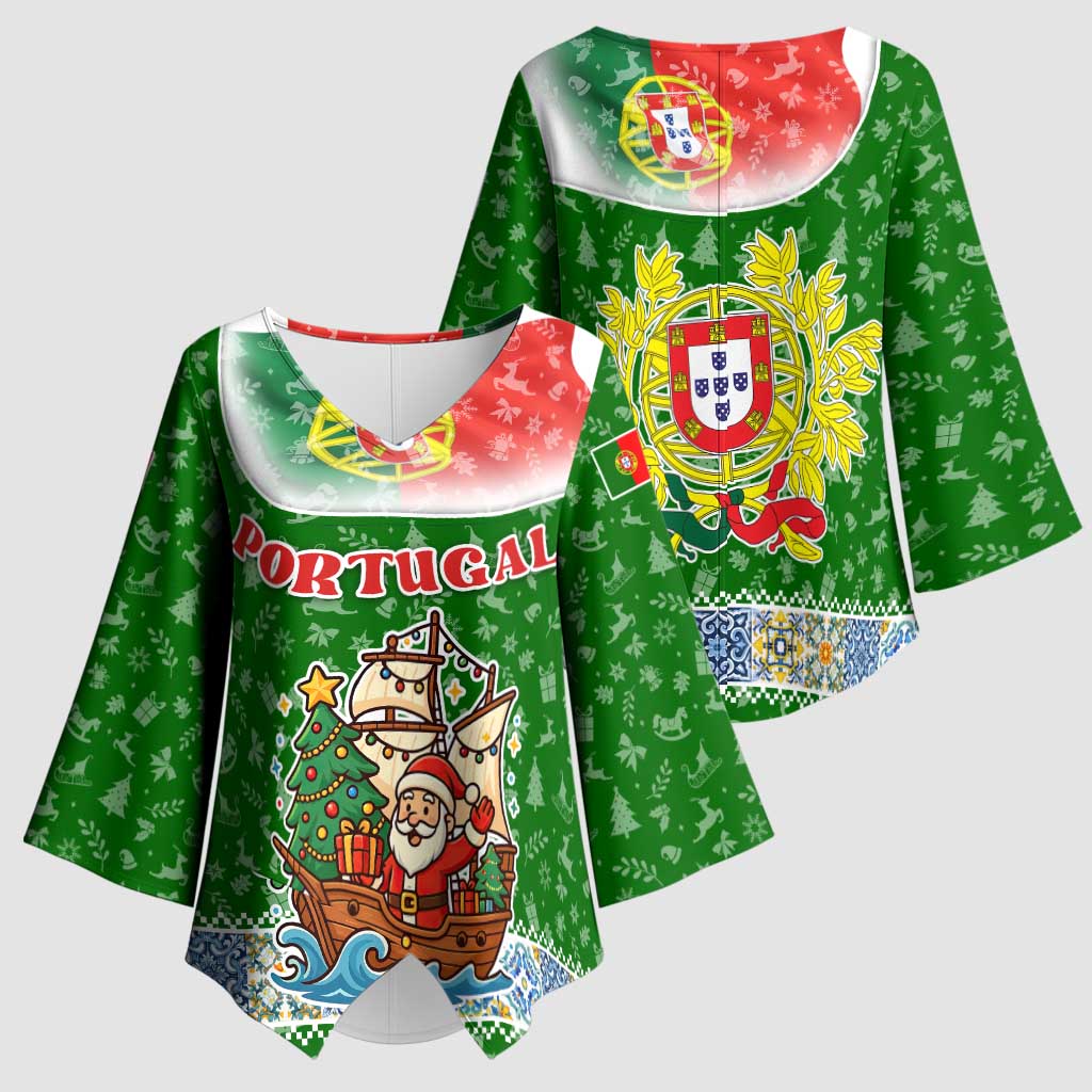 Portugal Christmas Kimono Sleeve Blouse with Green Red Santa Ship Tree and Coat of Arms - Wonder Print Shop