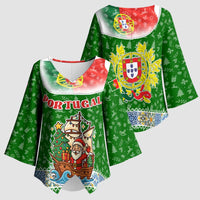 Portugal Christmas Kimono Sleeve Blouse with Green Red Santa Ship Tree and Coat of Arms - Wonder Print Shop