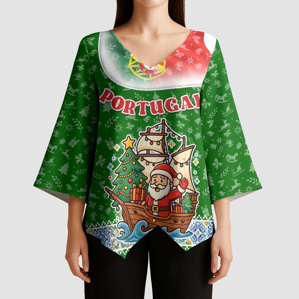 Portugal Christmas Kimono Sleeve Blouse with Green Red Santa Ship Tree and Coat of Arms - Wonder Print Shop