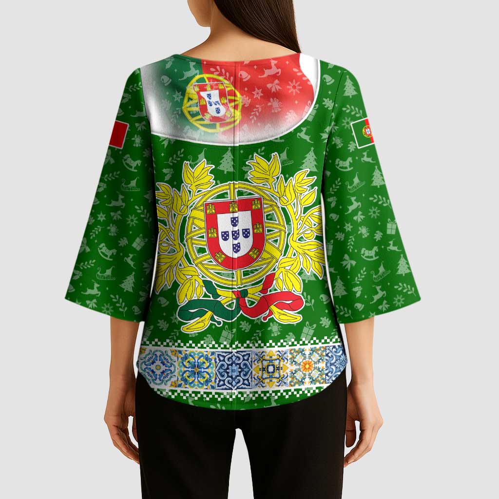 Portugal Christmas Kimono Sleeve Blouse with Green Red Santa Ship Tree and Coat of Arms - Wonder Print Shop