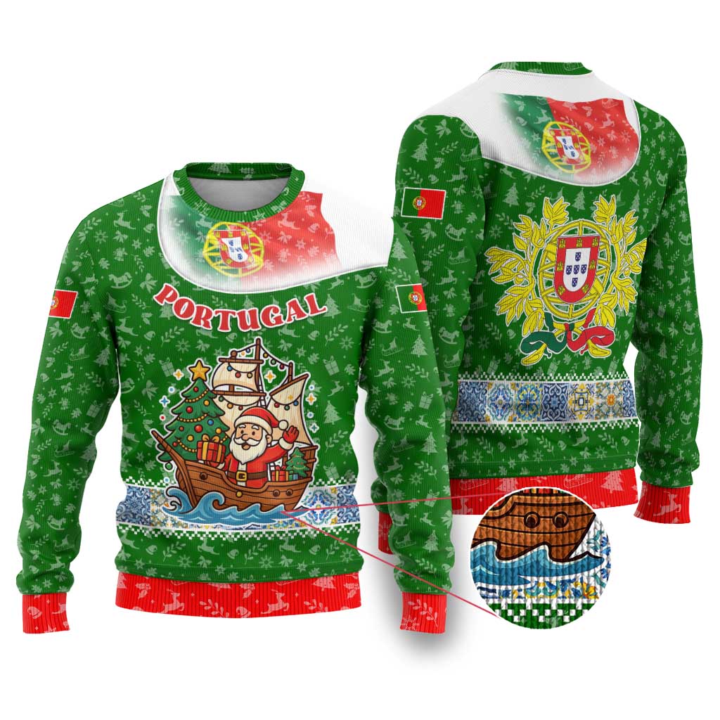 Portugal Christmas Ugly Christmas Sweater with Green Red Santa Ship Tree and Coat of Arms - Wonder Print Shop