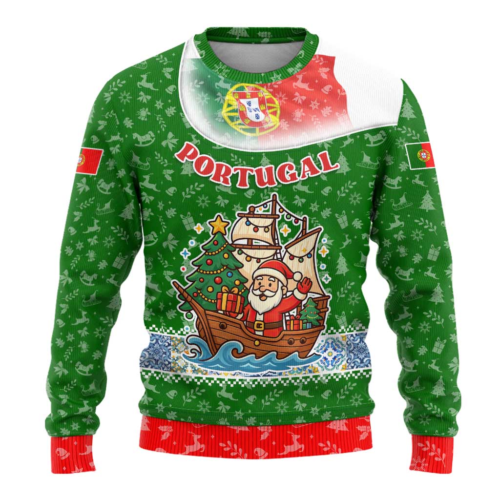 Portugal Christmas Ugly Christmas Sweater with Green Red Santa Ship Tree and Coat of Arms - Wonder Print Shop