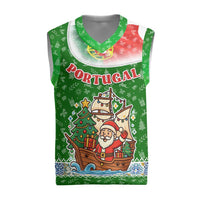 Portugal Christmas Knitted V-Neck Vest with Green Red Santa Ship Tree and Coat of Arms - Wonder Print Shop