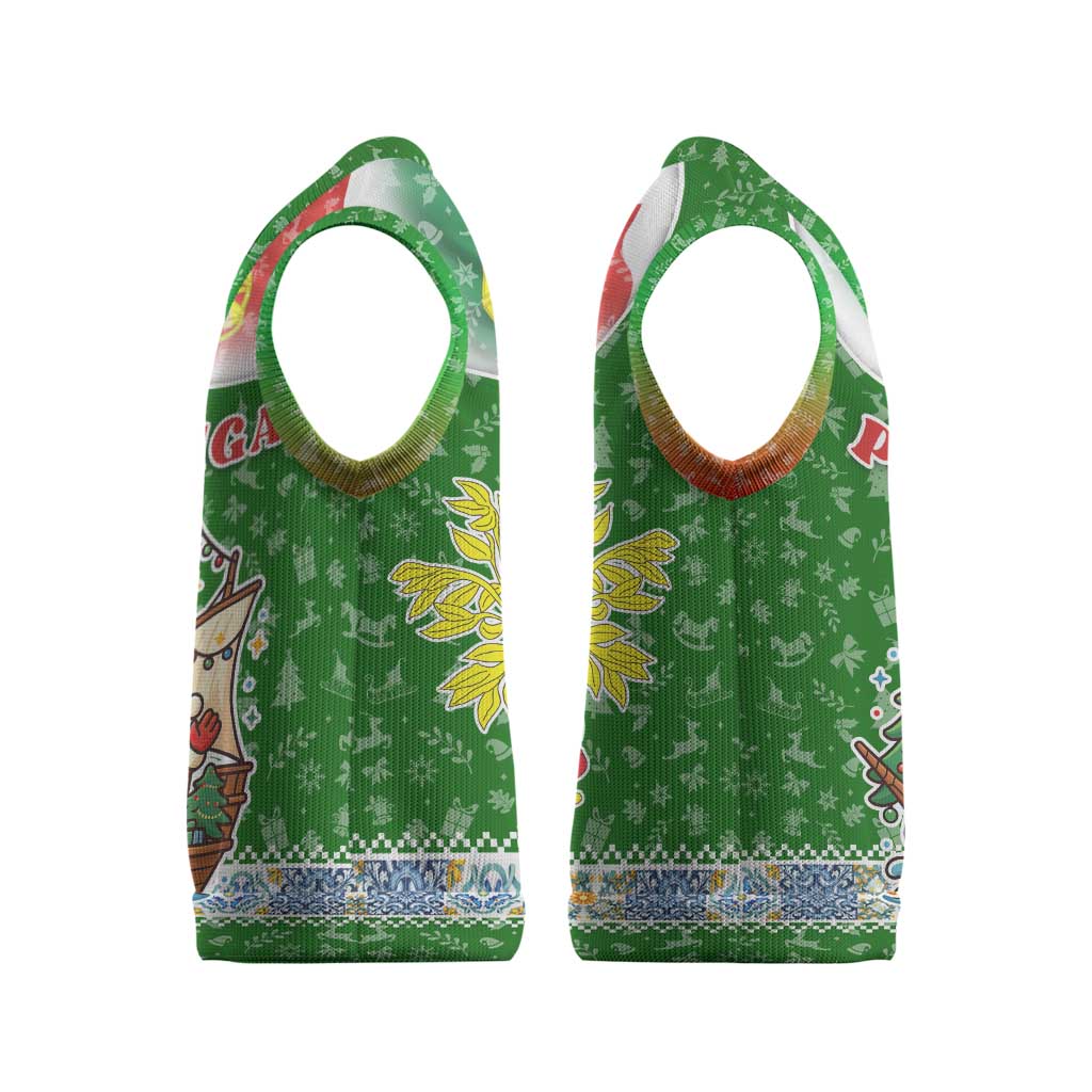 Portugal Christmas Knitted V-Neck Vest with Green Red Santa Ship Tree and Coat of Arms - Wonder Print Shop
