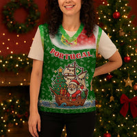 Portugal Christmas Knitted V-Neck Vest with Green Red Santa Ship Tree and Coat of Arms - Wonder Print Shop