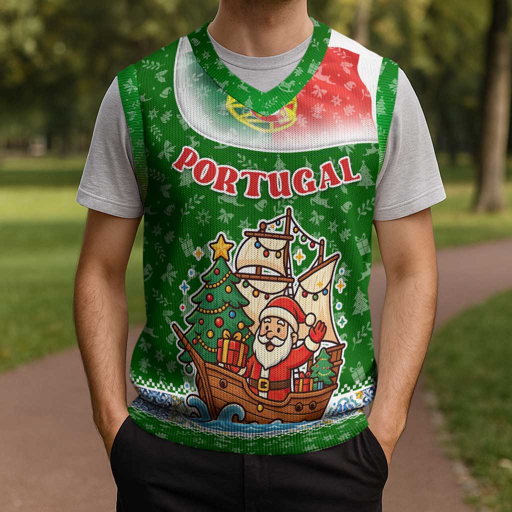 Portugal Christmas Knitted V-Neck Vest with Green Red Santa Ship Tree and Coat of Arms - Wonder Print Shop