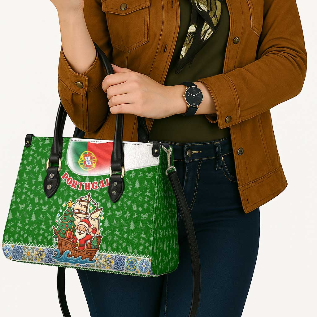 Portugal Christmas Leather Bag with Green Red Santa Ship Tree and Coat of Arms - Wonder Print Shop