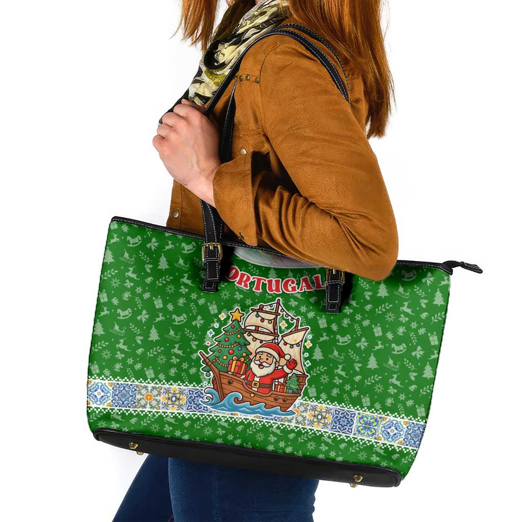 Portugal Christmas Leather Tote Bag with Green Red Santa Ship Tree and Coat of Arms - Wonder Print Shop