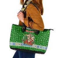 Portugal Christmas Leather Tote Bag with Green Red Santa Ship Tree and Coat of Arms - Wonder Print Shop