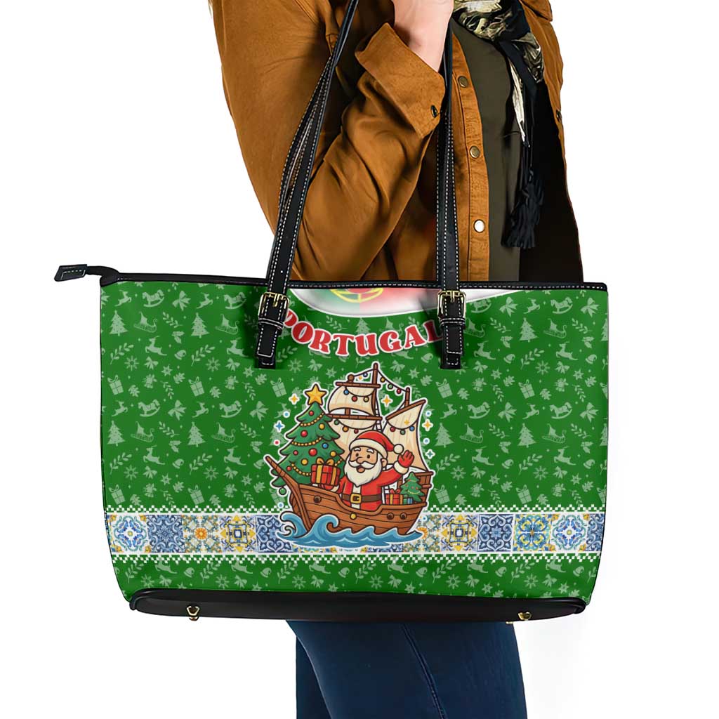 Portugal Christmas Leather Tote Bag with Green Red Santa Ship Tree and Coat of Arms - Wonder Print Shop