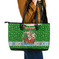Portugal Christmas Leather Tote Bag with Green Red Santa Ship Tree and Coat of Arms - Wonder Print Shop
