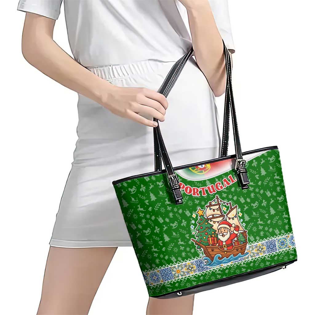 Portugal Christmas Leather Tote Bag with Green Red Santa Ship Tree and Coat of Arms - Wonder Print Shop