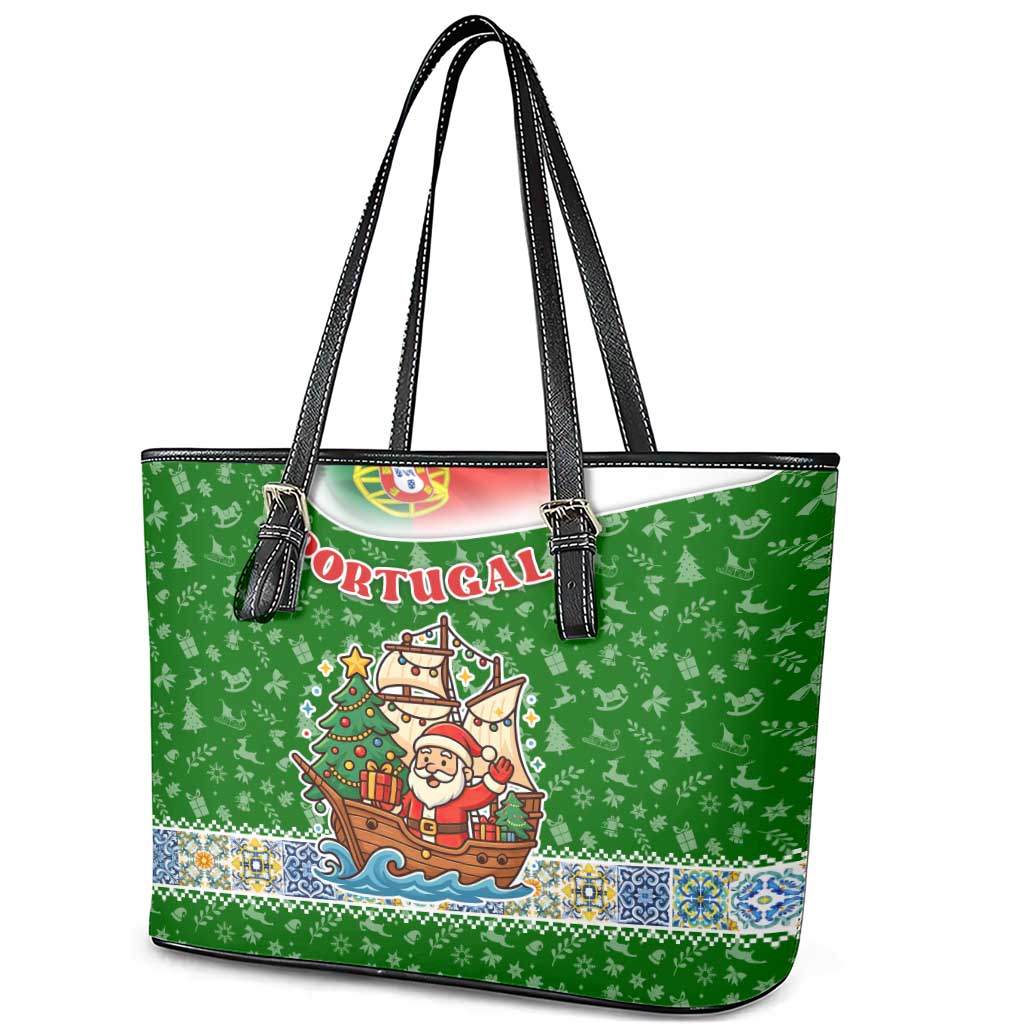 Portugal Christmas Leather Tote Bag with Green Red Santa Ship Tree and Coat of Arms - Wonder Print Shop