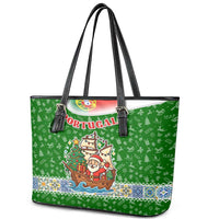 Portugal Christmas Leather Tote Bag with Green Red Santa Ship Tree and Coat of Arms - Wonder Print Shop