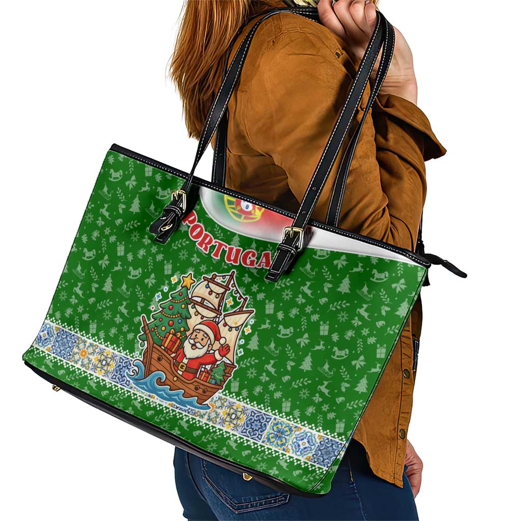 Portugal Christmas Leather Tote Bag with Green Red Santa Ship Tree and Coat of Arms - Wonder Print Shop