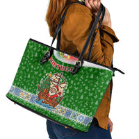Portugal Christmas Leather Tote Bag with Green Red Santa Ship Tree and Coat of Arms - Wonder Print Shop