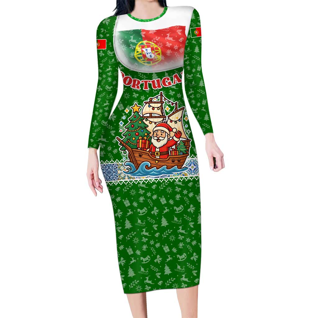 Portugal Christmas Long Sleeve Bodycon Dress with Green Red Santa Ship Tree and Coat of Arms - Wonder Print Shop