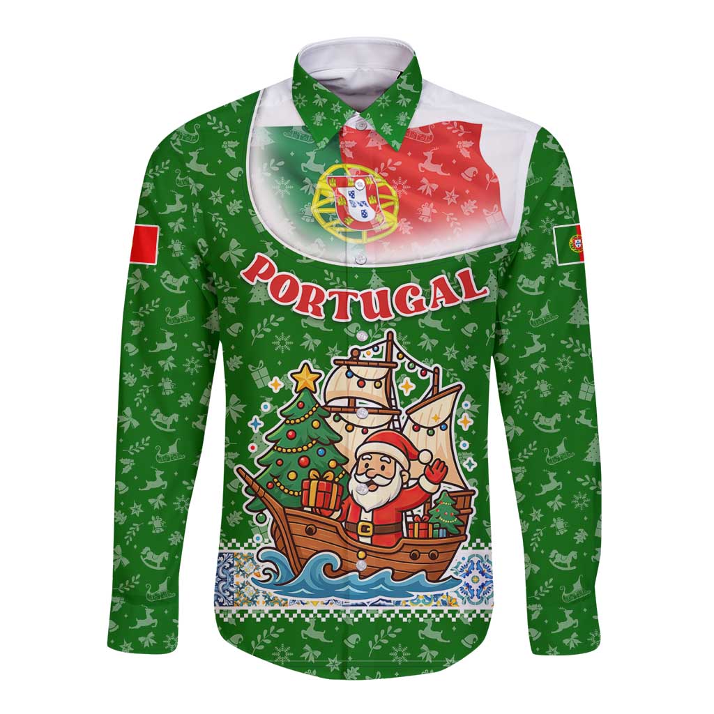 Portugal Christmas Long Sleeve Button Shirt with Green Red Santa Ship Tree and Coat of Arms - Wonder Print Shop