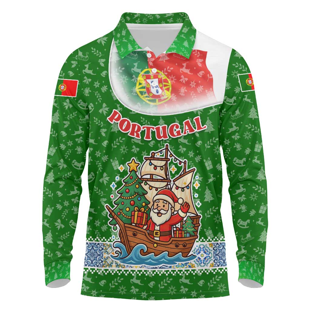 Portugal Christmas Long Sleeve Polo Shirt with Green Red Santa Ship Tree and Coat of Arms - Wonder Print Shop