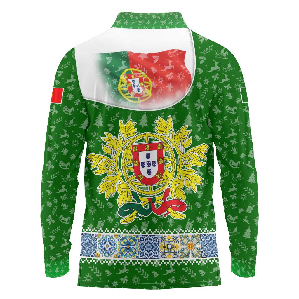Portugal Christmas Long Sleeve Polo Shirt with Green Red Santa Ship Tree and Coat of Arms - Wonder Print Shop