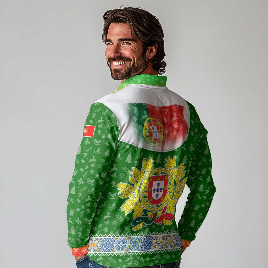 Portugal Christmas Long Sleeve Polo Shirt with Green Red Santa Ship Tree and Coat of Arms - Wonder Print Shop