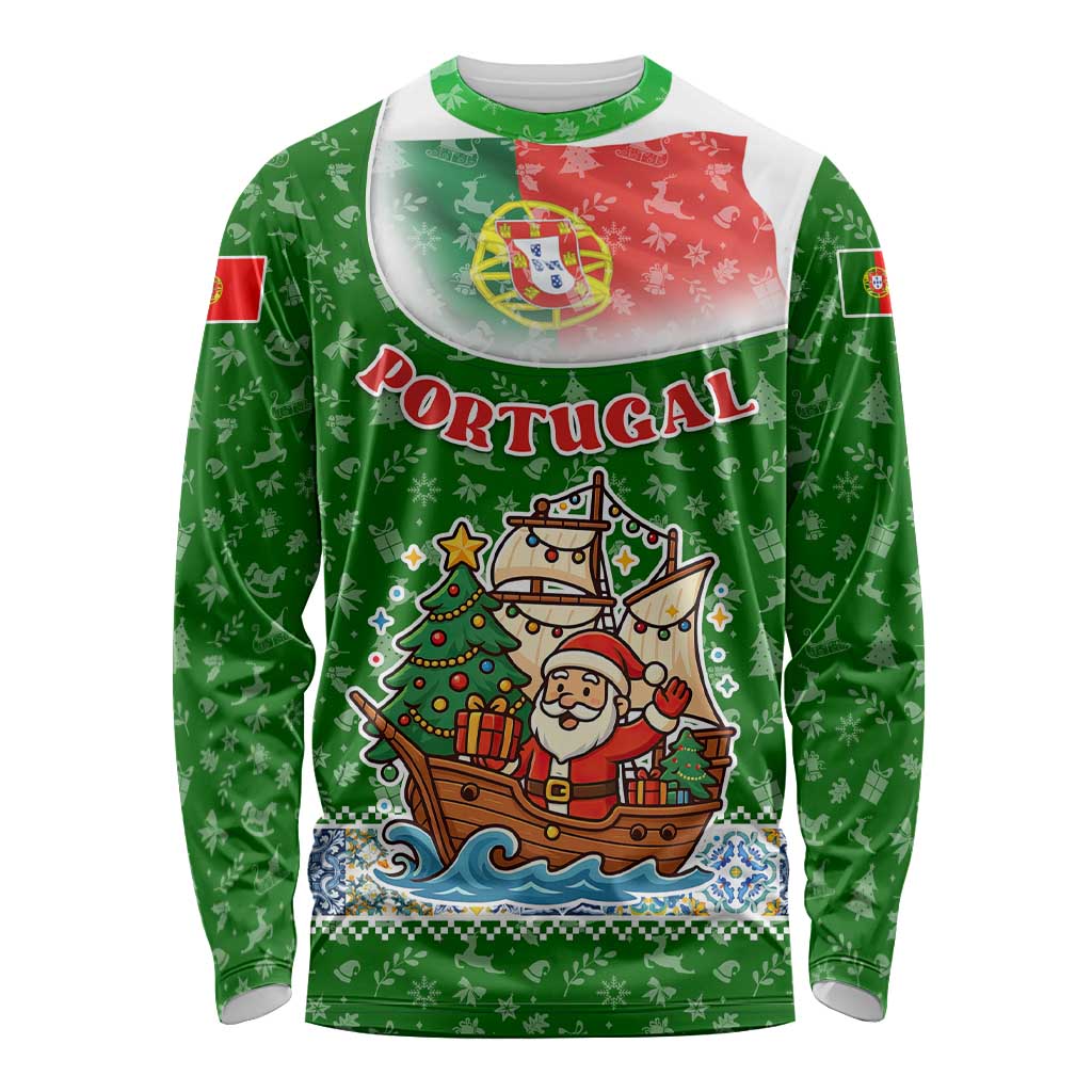 Portugal Christmas Long Sleeve Shirt with Green Red Santa Ship Tree and Coat of Arms - Wonder Print Shop
