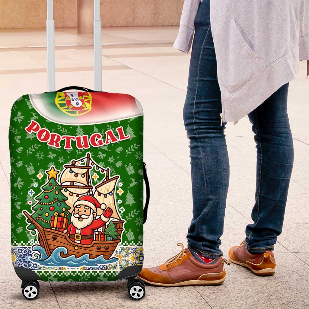 Portugal Christmas Luggage Cover with Green Red Santa Ship Tree and Coat of Arms - Wonder Print Shop