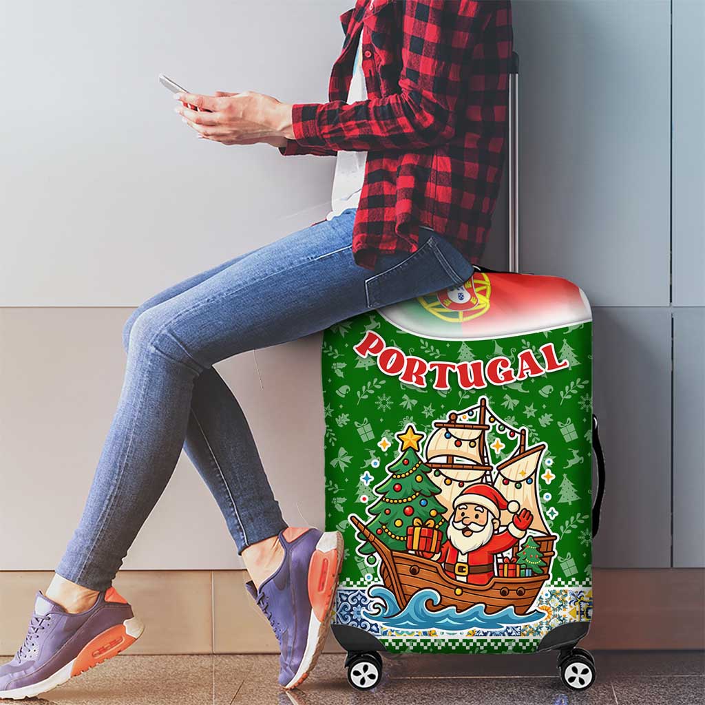 Portugal Christmas Luggage Cover with Green Red Santa Ship Tree and Coat of Arms - Wonder Print Shop