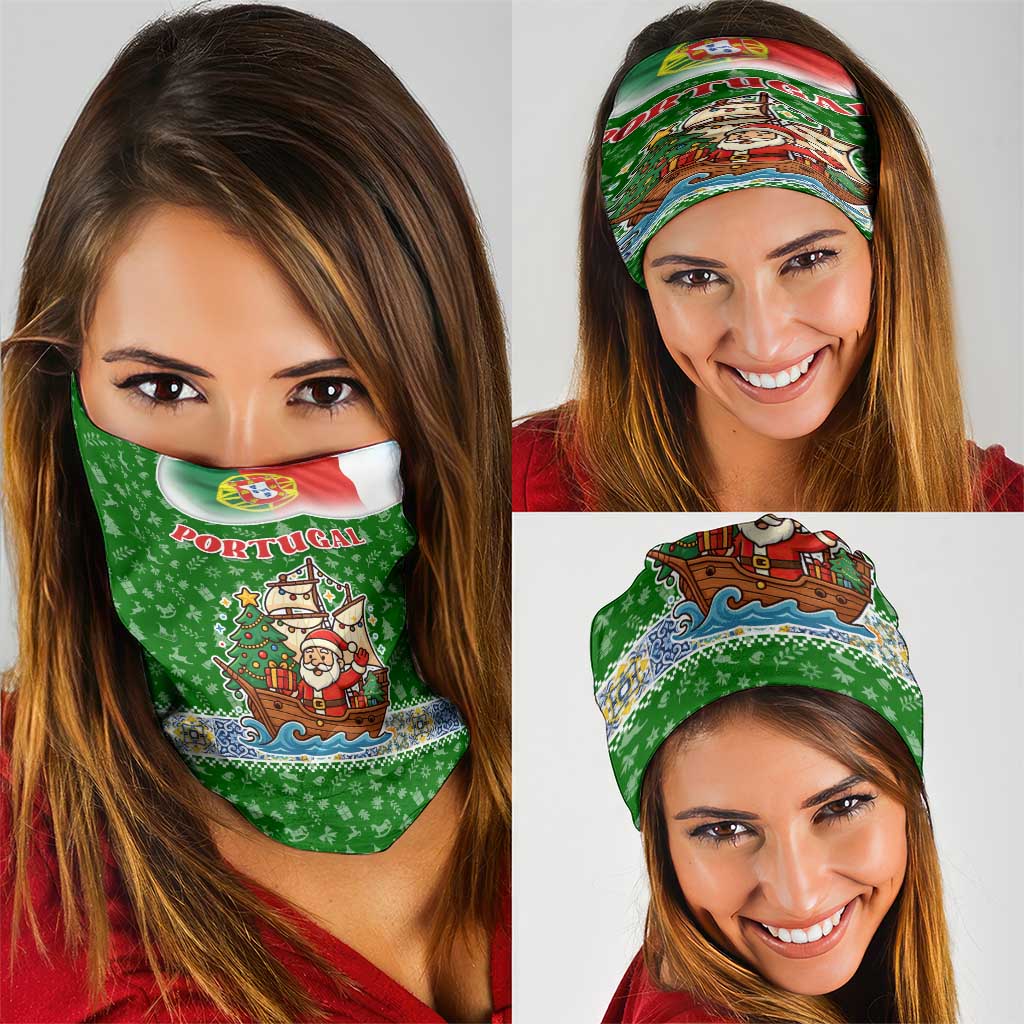 Portugal Christmas Neck Gaiter with Green Red Santa Ship Tree and Coat of Arms - Wonder Print Shop