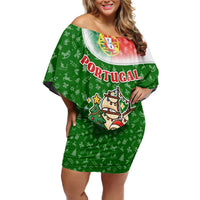 Portugal Christmas Off Shoulder Short Dress with Green Red Santa Ship Tree and Coat of Arms - Wonder Print Shop